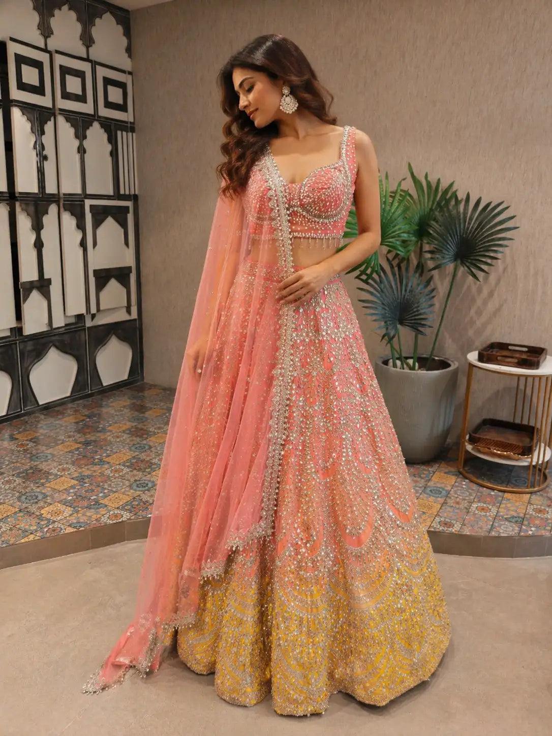 Peach Embroidered Net Lehenga Set